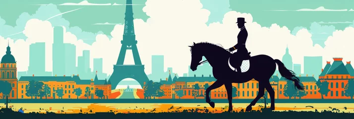 Selbstklebende Fototapeten flat illustration, the Summer Olympic Games in Paris, equestrian sports, a man in a hat riding a horse on the background of the Eiffel Tower and a panorama of the sights of Paris © Svetlana Leuto
