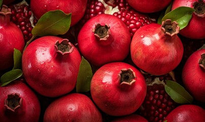 Ripe pomegranate fruit with green leaves. Food background
