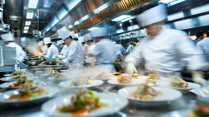 Professional chefs in a busy restaurant kitchen, cooking and preparing dishes. culinary art in action, teamwork to create gastronomic delicacies. AI
