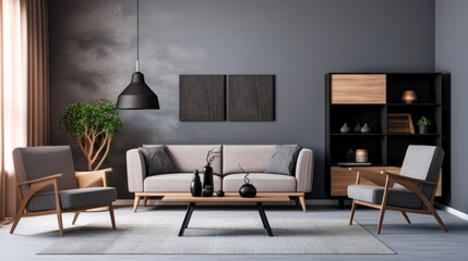 A stylish interior design showcasing Scandinavian influences, with a focal point on a dark couch that adds depth and sophistication to the space