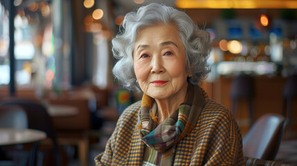 Portrait of senior asian woman smiling in coffee shop