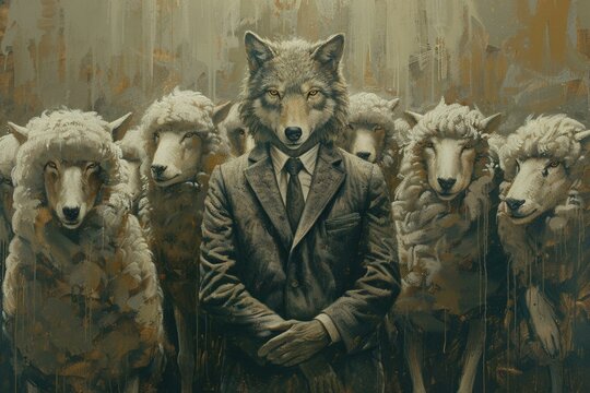 A conceptual art piece featuring a wolf in sheep's clothing, navigating corporate politics