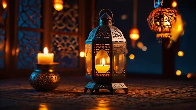 Ramadan decoration with arabic lantern and candle in night Holiday card