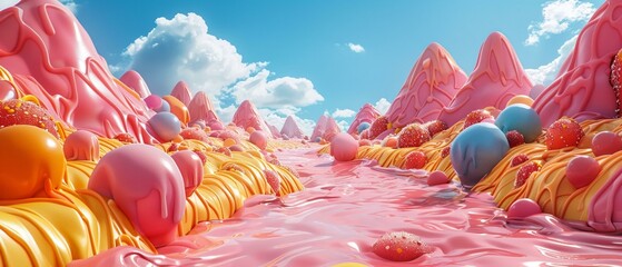 A 3D candy land, where fruit bombs create rivers of liquid chocolate and caramel - obrazy, fototapety, plakaty