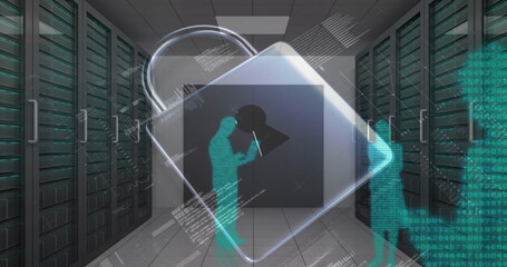 Image of data processing and padlock icon over server room