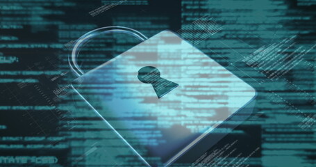 Image of data processing and padlock icon over server room