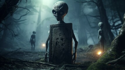 Tombstones on the graveyard as aliens. Fairytale images. Dark forest, dreamy atmosphere. Abstract art. - obrazy, fototapety, plakaty