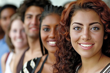 Close-up of a young woman smiling with diverse friends blurred in the background