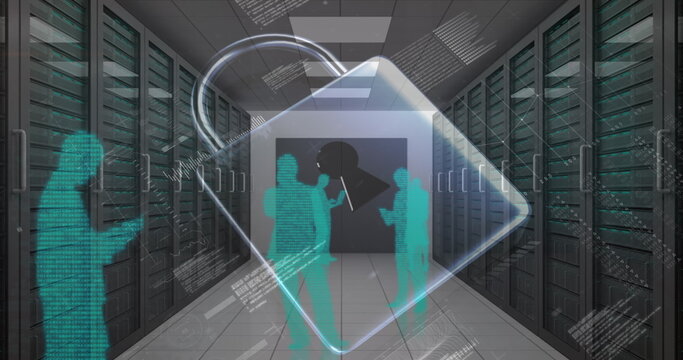 Image of data processing and padlock icon over server room