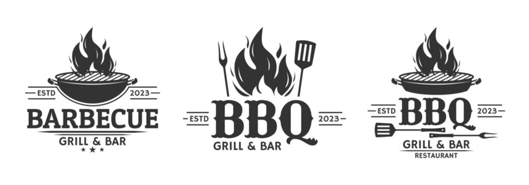 BBQ logo set. Barbecue, grill icon with fire flame. Meat restaurant label. Vector illustration.