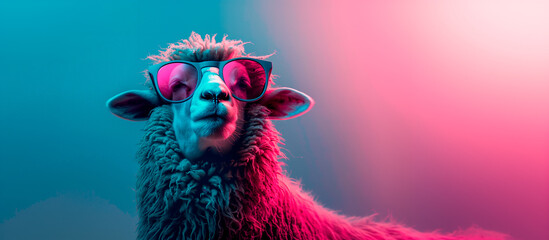 a sheep wearing sunglasses in front of a colorful background - obrazy, fototapety, plakaty