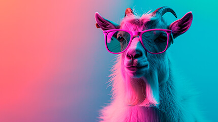 a goat wearing sunglasses in front of a colorful background - obrazy, fototapety, plakaty
