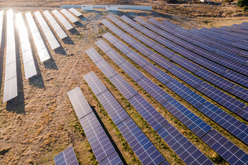 Rows of solar panels electrical power, zero emission energy, esg innovation. Aerial view