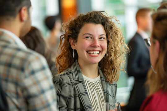 Smiling young woman engaging in conversation at a professional gathering