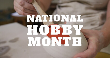 Image of national hobby month text over midsection of caucasian woman painting pottery