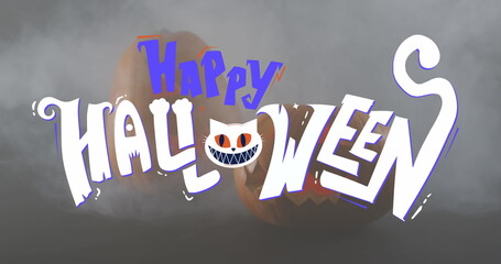 Happy halloween text banner against against smoke effect over pumpkin against grey background
