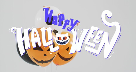 Happy halloween text banner over halloween pumpkin printed balloons against grey background