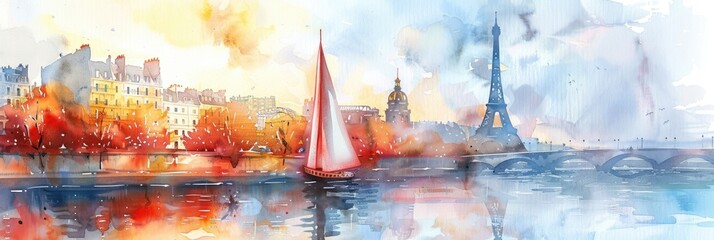watercolor illustration, the Summer Olympic Games in Paris, a sailboat on the background of the Eiffel Tower and a panorama of the city's attractions, the Seine River