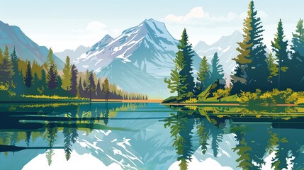 Tranquil mountain landscape: reflective lake amidst majestic peaks and trees, capturing nature's serenity