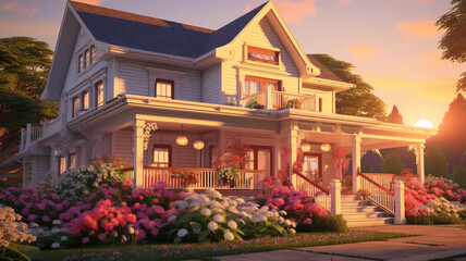 An enchanting portrayal of a family home boasting a charming porch, bathed in the soft glow of twilight and echoing with the laughter of loved ones