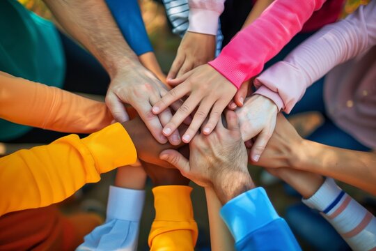 A high angle view of diverse hands together in unity