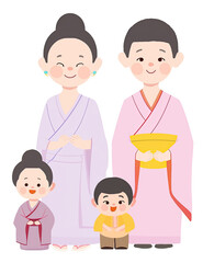 An illustration of a family with two children dressed in Buddhist attire