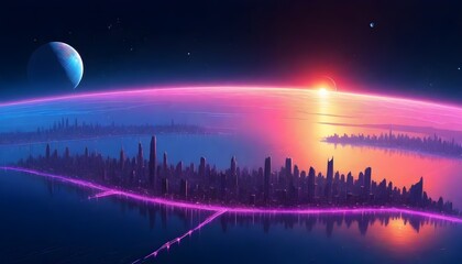 futuristic city skyline with neon lights and a large sun rising or setting on the horizon, reflecting on a body of water, under a twilight sky with stars - obrazy, fototapety, plakaty