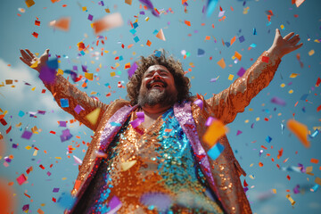 Happy man wearing brightly colored rainbow sequin suit celebrating under a shower of ticker tape against a plain blue sky
