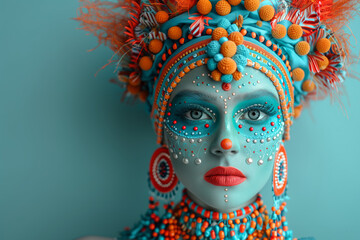 Abstract portrait of an ethnic woman in bright colored head scalf, face paint and face jewellery against a plain teal colored background. Concept of uniqueness and individuality. 