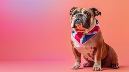 watercolor A British bulldog wearing a Union Jack bandana sits obediently promoting National Pet Month isolated on a gradient background 