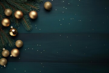 Christmas branches on a green background with balls, dark teal and gold, minimalist starkness, festive atmosphere with copy space
