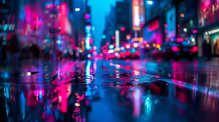 a vibrant, rain-soaked city street at night, glowing with the reflections of neon lights in puddles, creating a mesmerizing atmosphere filled with hues of pink, blue, and red.