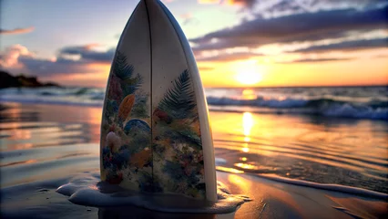 Fototapeten Primer plano de una tabla de surf serigrafiada. Tabla de surf en la orilla de una playa al atardecer. Concepto aventuras.  © Shyla Marsare