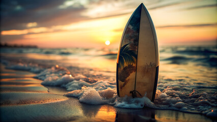 Primer plano de una tabla de surf serigrafiada. Deporte en la playa con tabla de surf. Orilla de la playa al atardecer. Concepto deporte. - obrazy, fototapety, plakaty