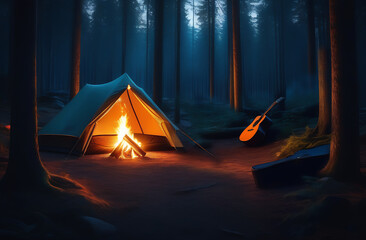 burning fire near a tourist tent at night in a foggy forest - obrazy, fototapety, plakaty