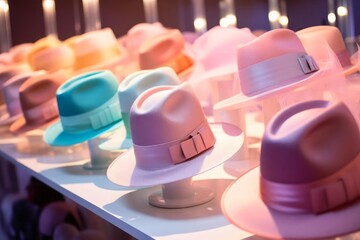 Multi-colored hats in pastel colors.