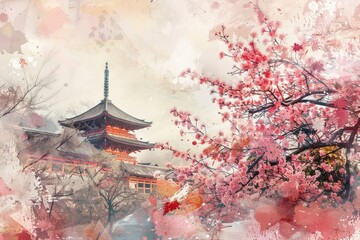 Hand-drawn pastel digital watercolour paint sketch Vibrant cherry blossom tree in full bloom against a serene Japanese temple backdrop during Golden Week 