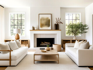 Fototapeta na wymiar Farmhouse interior design of modern living room, home. Two sofas against fireplace.