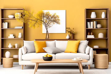 Farmhouse interior design of modern living room, home. Grey sofa and wooden shelves against yellow wall.