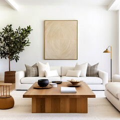 Boho interior design of modern living room, home. Sofa against wall with poster frame.