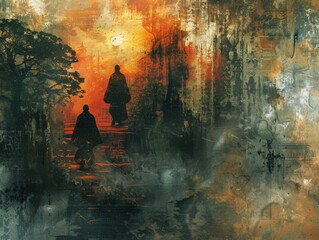 Samurai Spectral Haunt: Abstract background inspired by Japanese folklore featuring ghostly samurai figures in a haunting atmosphere.