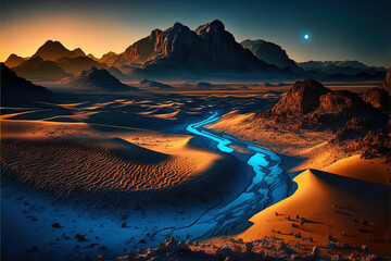 Niebieska i Złota godzina nad Wadi Rum, Jordania - obrazy, fototapety, plakaty