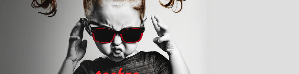 angry little girl in sunglases, with headphones, listening techno electro music