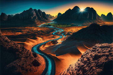Niebieska i Złota godzina nad Wadi Rum, Jordania - obrazy, fototapety, plakaty