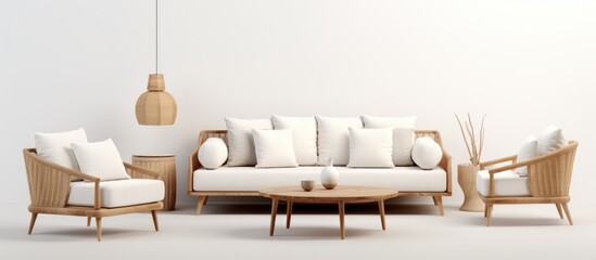 Modern Scandinavian-style furniture set on white background with shadows, featuring sofa, rug, basket, and coffee table in white fabric upholstery.