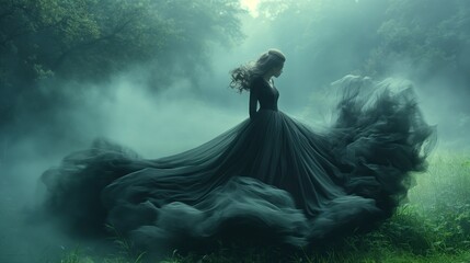 Woman in Long Black Dress in Forest - obrazy, fototapety, plakaty