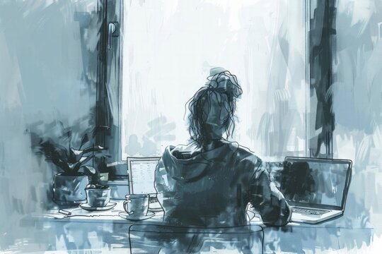 Hand-drawn pastel digital watercolour paint sketch Stressed single mother multitasks between remote work and babys breakfast in a minimalist monochromatic city apartment 