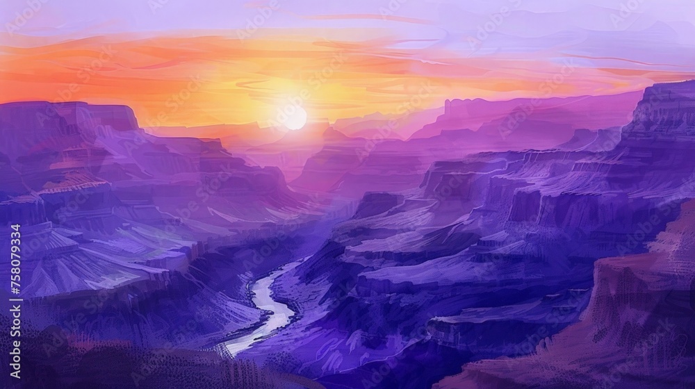 Sticker Hand-drawn pastel digital watercolour paint sketch Serenity sweeps over the Grand Canyon as the setting sun paints the sky with hues of orange and purple 