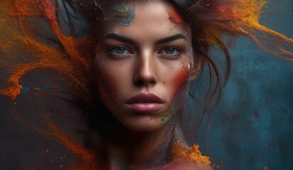 Portrait of a girl in splashes of paint. AI generated