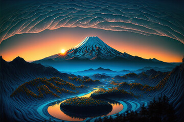 Błękitna i złota godzina nad górą Fuji w Japonii - obrazy, fototapety, plakaty